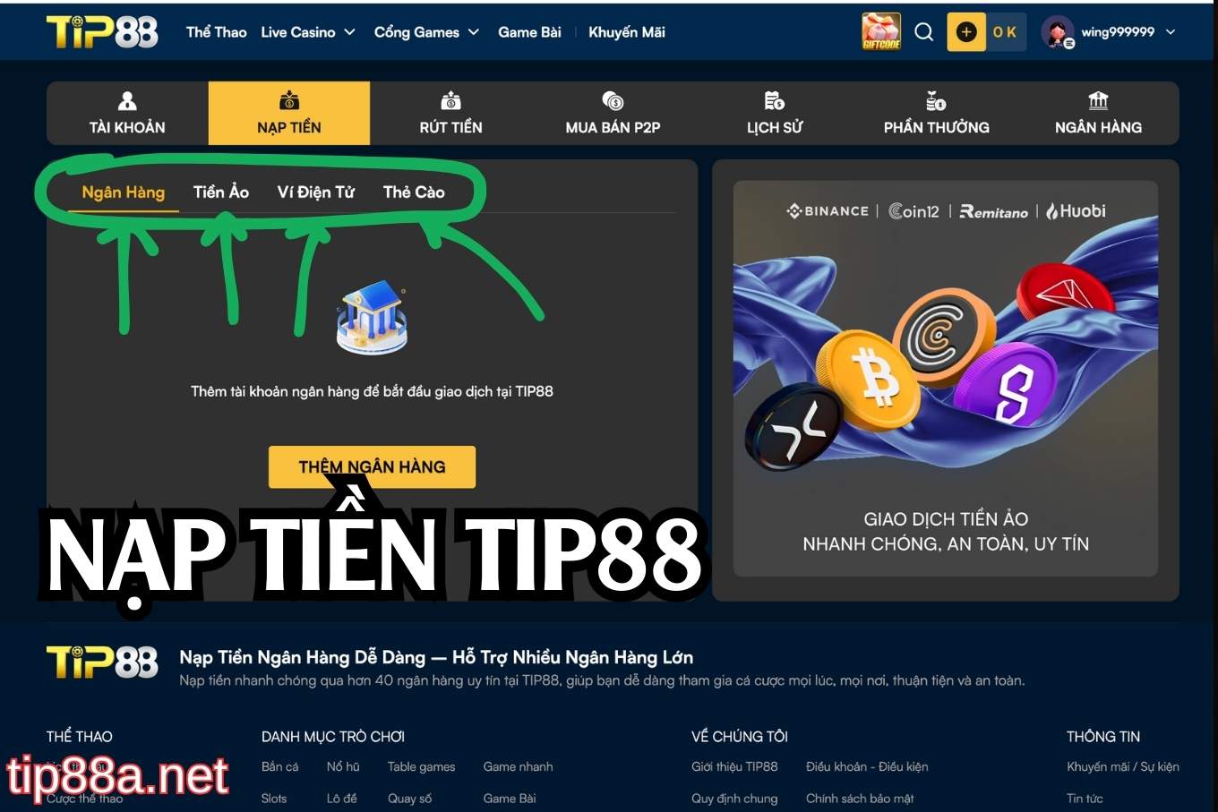Các hình thức nạp tiền Tip88 khả dụng