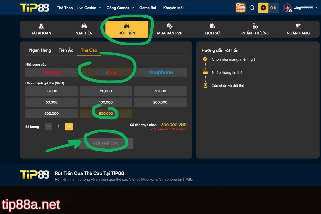 Chi tiết các bước rút tiền Tip88 qua thẻ cào