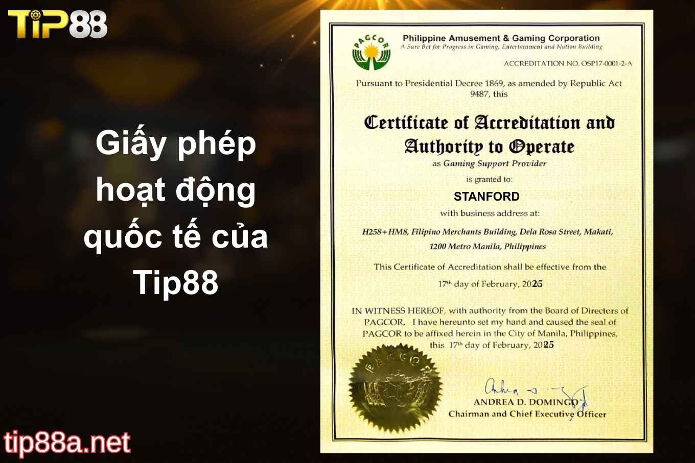 Giấy phép hoạt động quốc tế của Tip88