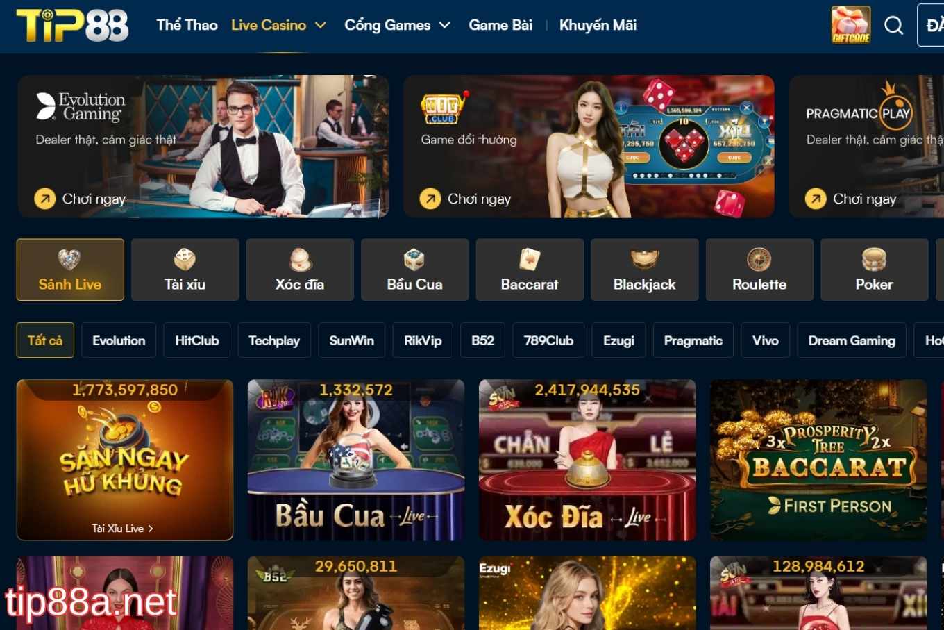 Khám phá sảnh live casino tip88