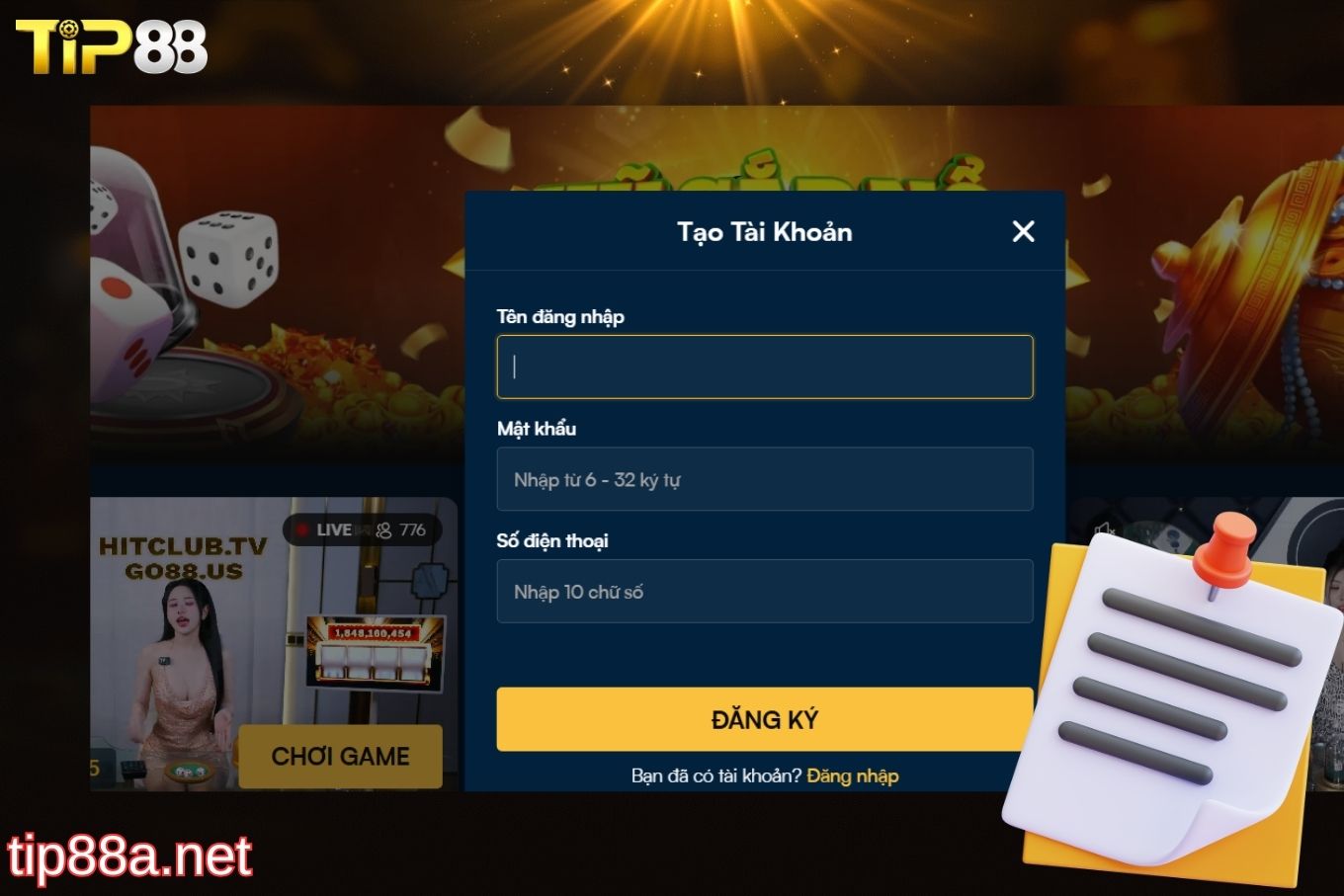Lưu ý khi đăng ký Tip88