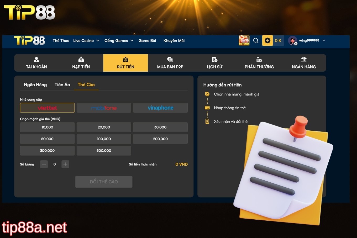 lưu ý kho thao tác rút tiền Tip88