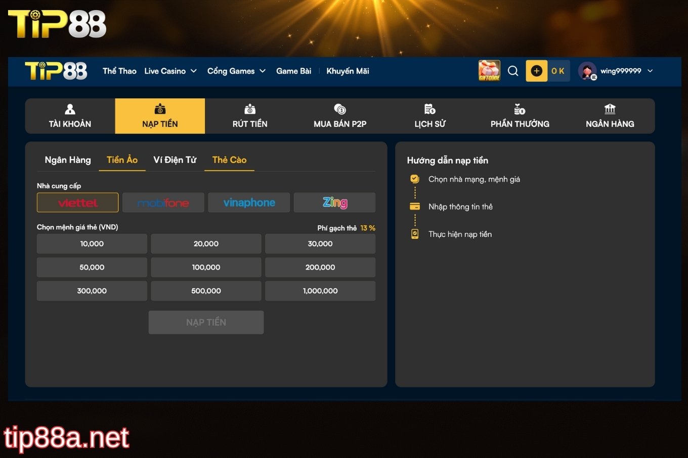 Nạp tiền Tip88 qua thẻ cào điện thoại